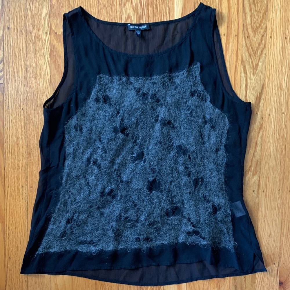 Eileen Fisher 100% silk tank, black with gray mohair overlay